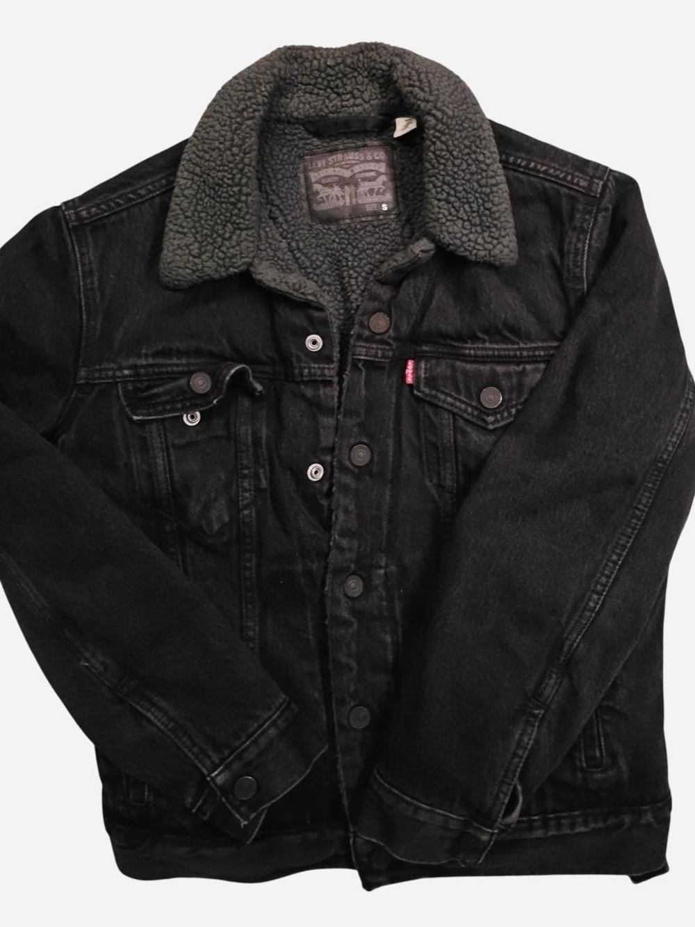 Levi's Black Denim Jacket with Gray Sherpa Collar - Picture 1 of 3